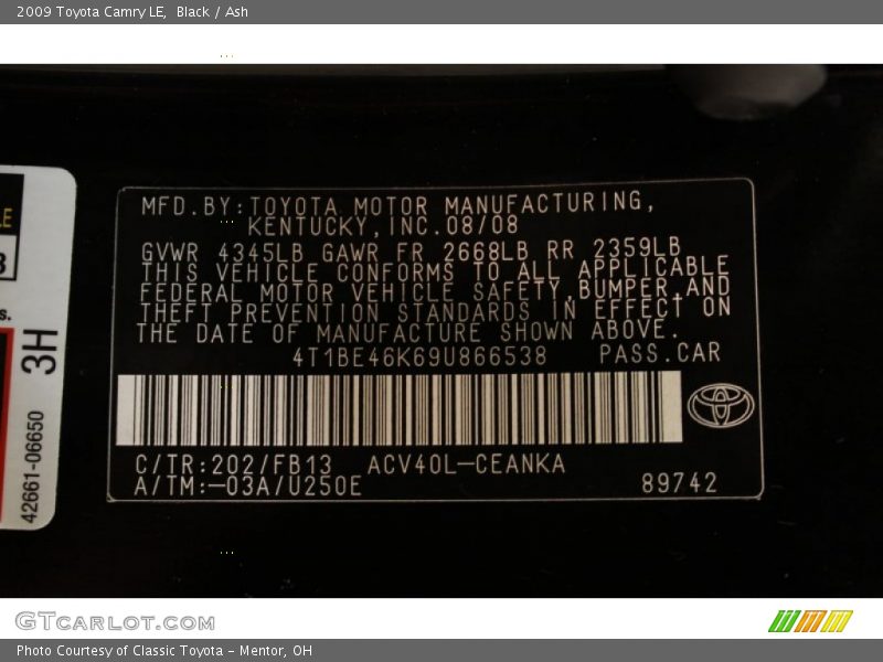Black / Ash 2009 Toyota Camry LE