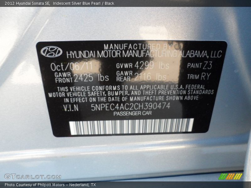 Iridescent Silver Blue Pearl / Black 2012 Hyundai Sonata SE