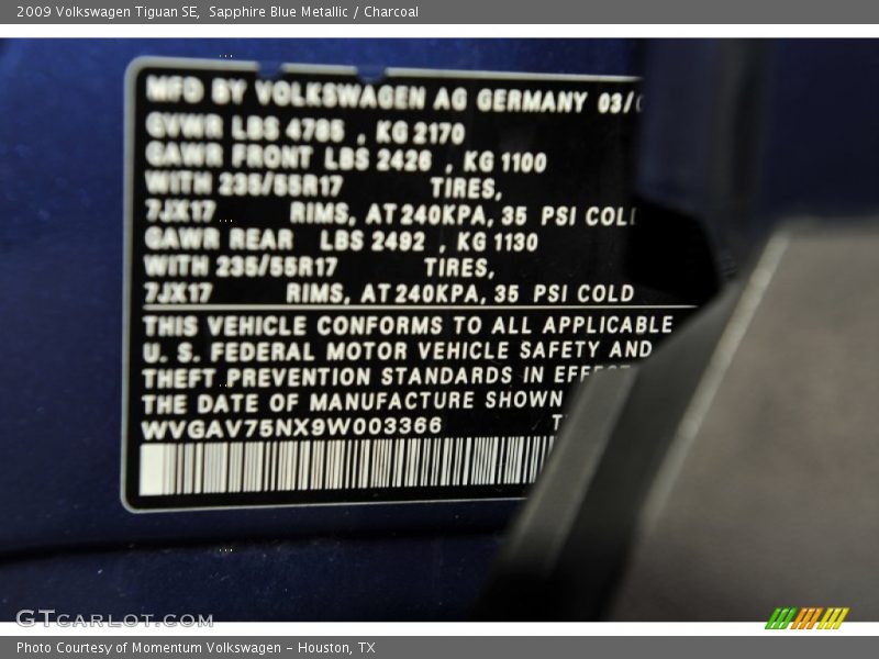 Sapphire Blue Metallic / Charcoal 2009 Volkswagen Tiguan SE