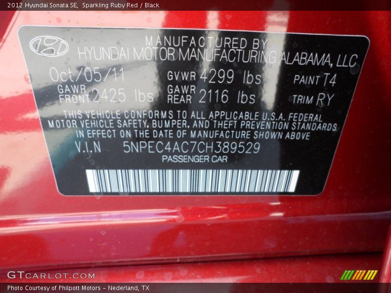 Sparkling Ruby Red / Black 2012 Hyundai Sonata SE