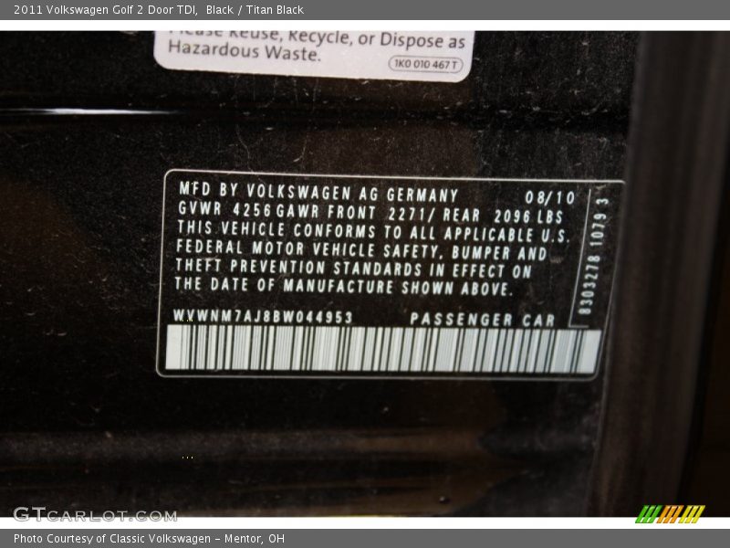 Black / Titan Black 2011 Volkswagen Golf 2 Door TDI