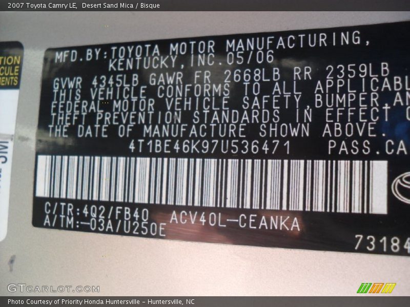 Desert Sand Mica / Bisque 2007 Toyota Camry LE