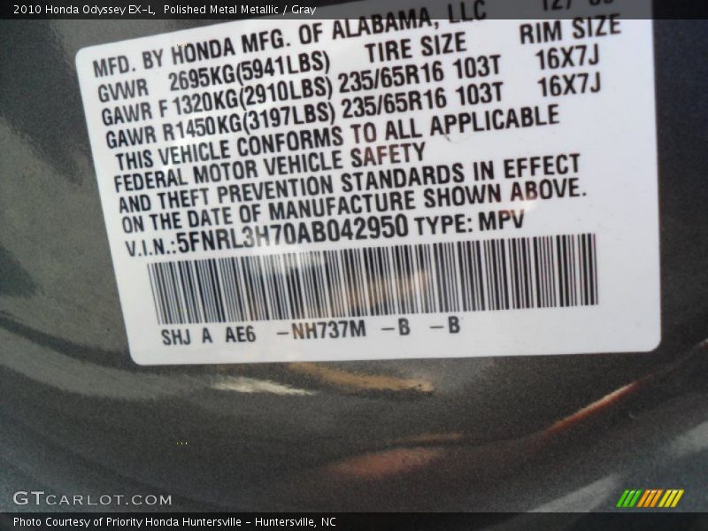 Polished Metal Metallic / Gray 2010 Honda Odyssey EX-L