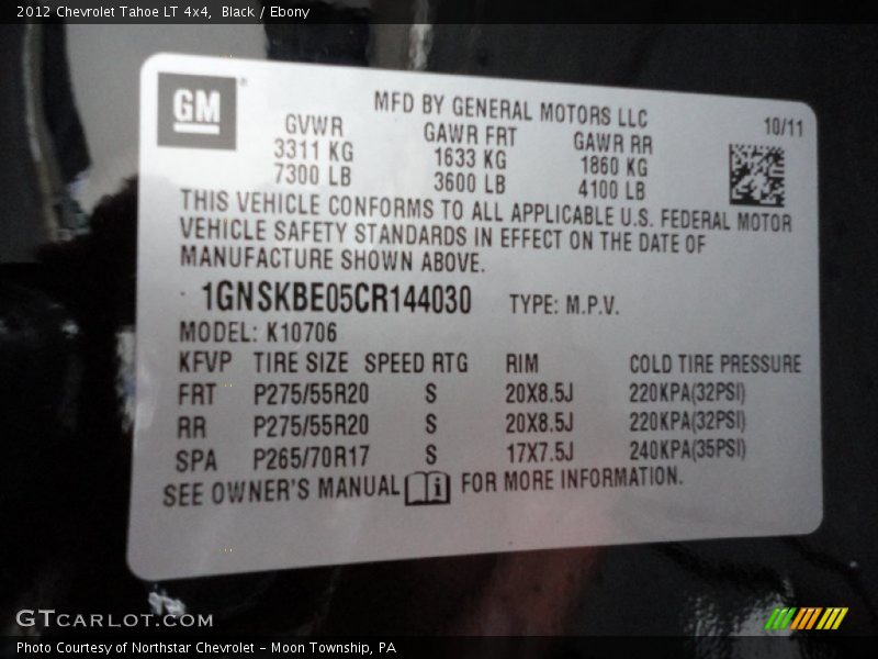 Info Tag of 2012 Tahoe LT 4x4