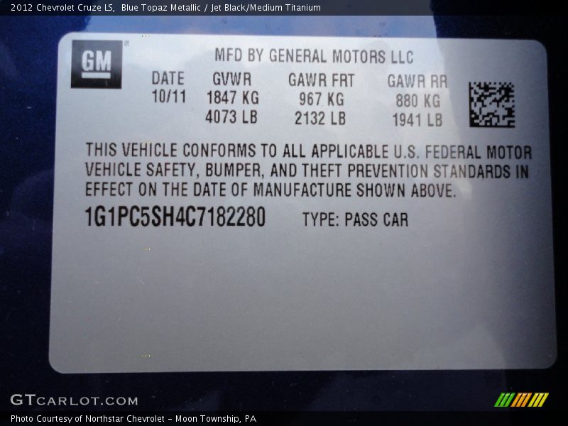 Blue Topaz Metallic / Jet Black/Medium Titanium 2012 Chevrolet Cruze LS