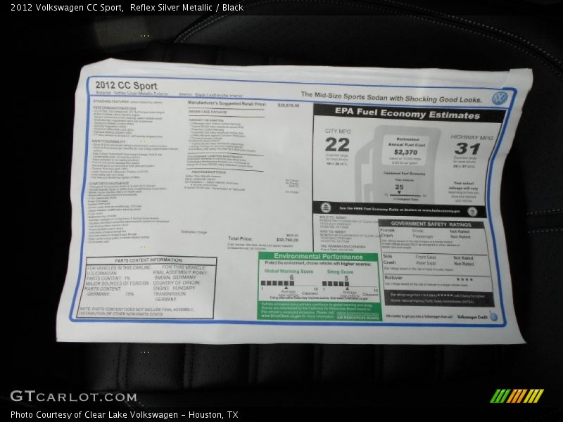 Reflex Silver Metallic / Black 2012 Volkswagen CC Sport
