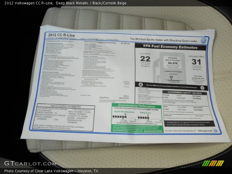 Deep Black Metallic / Black/Cornsilk Beige 2012 Volkswagen CC R-Line