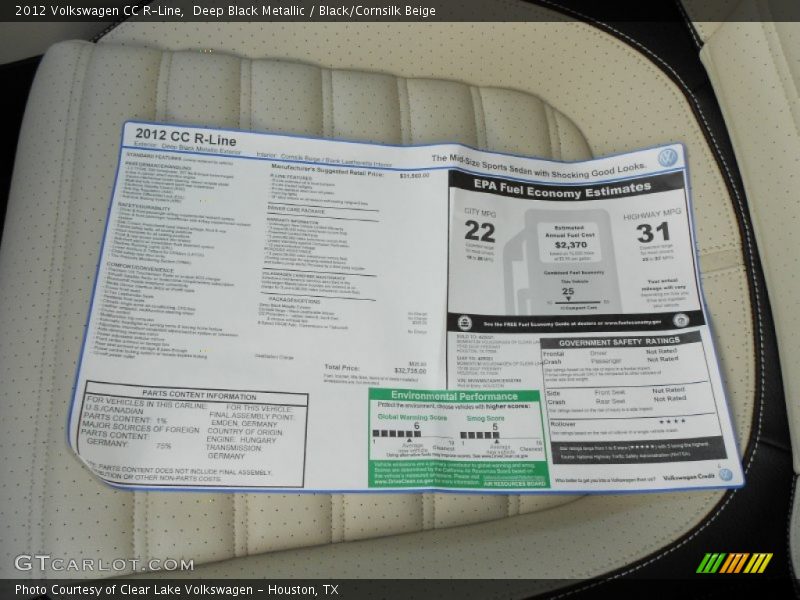 Deep Black Metallic / Black/Cornsilk Beige 2012 Volkswagen CC R-Line