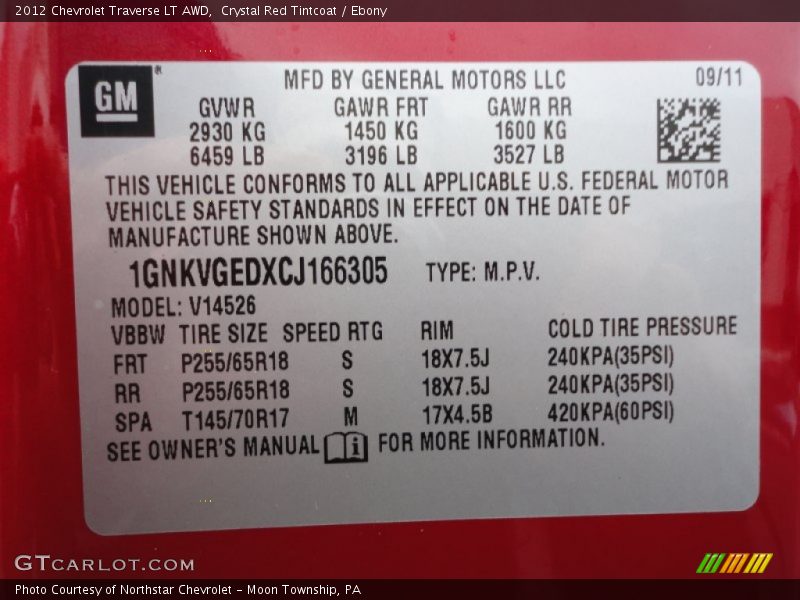 Info Tag of 2012 Traverse LT AWD