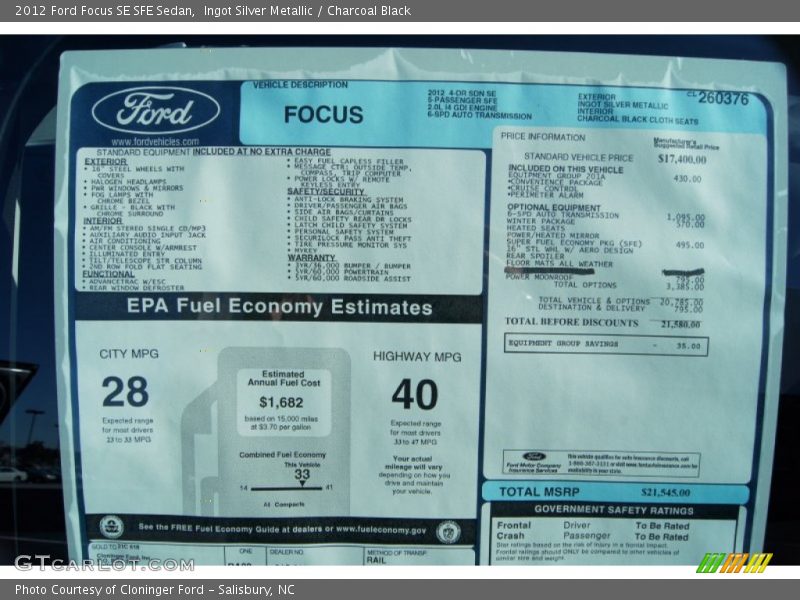  2012 Focus SE SFE Sedan Window Sticker