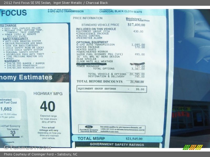  2012 Focus SE SFE Sedan Window Sticker