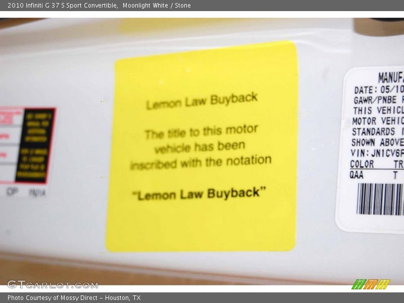 Info Tag of 2010 G 37 S Sport Convertible