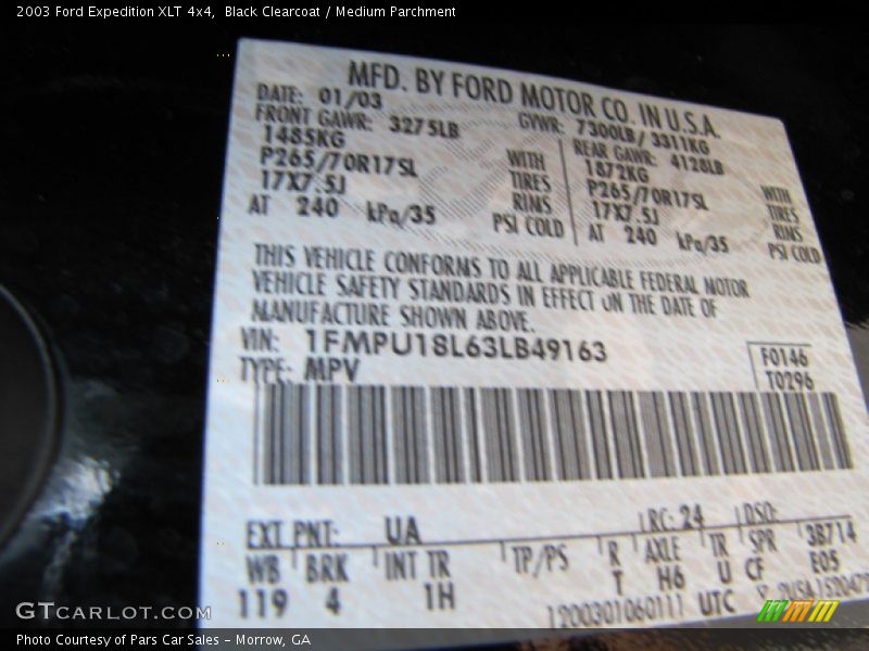 2003 Expedition XLT 4x4 Black Clearcoat Color Code UA