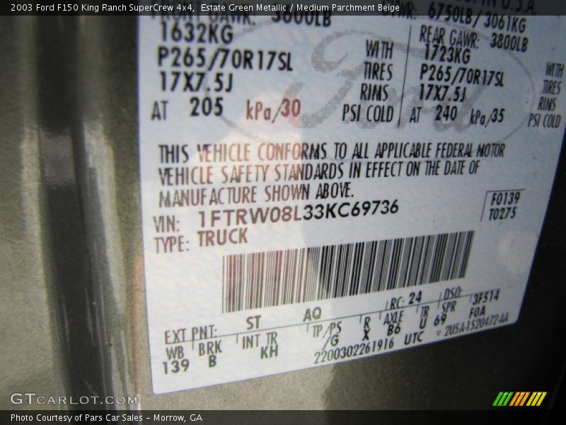 Estate Green Metallic / Medium Parchment Beige 2003 Ford F150 King Ranch SuperCrew 4x4
