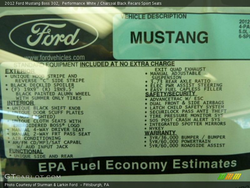  2012 Mustang Boss 302 Window Sticker