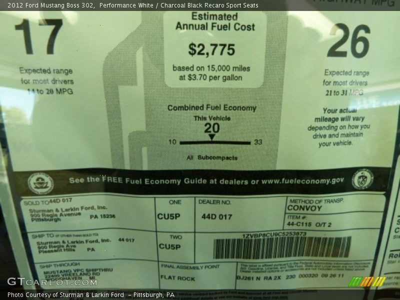  2012 Mustang Boss 302 Window Sticker