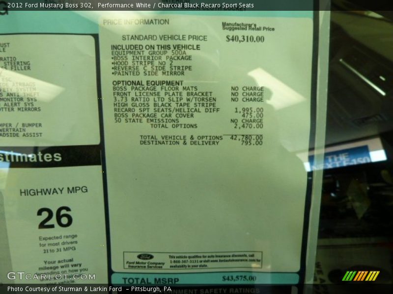  2012 Mustang Boss 302 Window Sticker