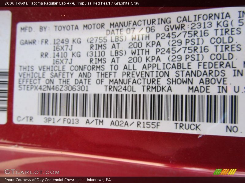 Impulse Red Pearl / Graphite Gray 2006 Toyota Tacoma Regular Cab 4x4