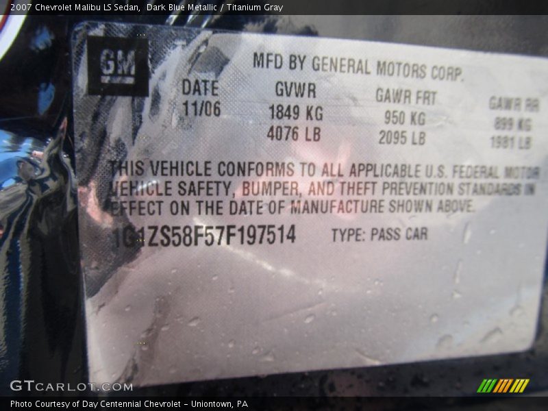 Dark Blue Metallic / Titanium Gray 2007 Chevrolet Malibu LS Sedan