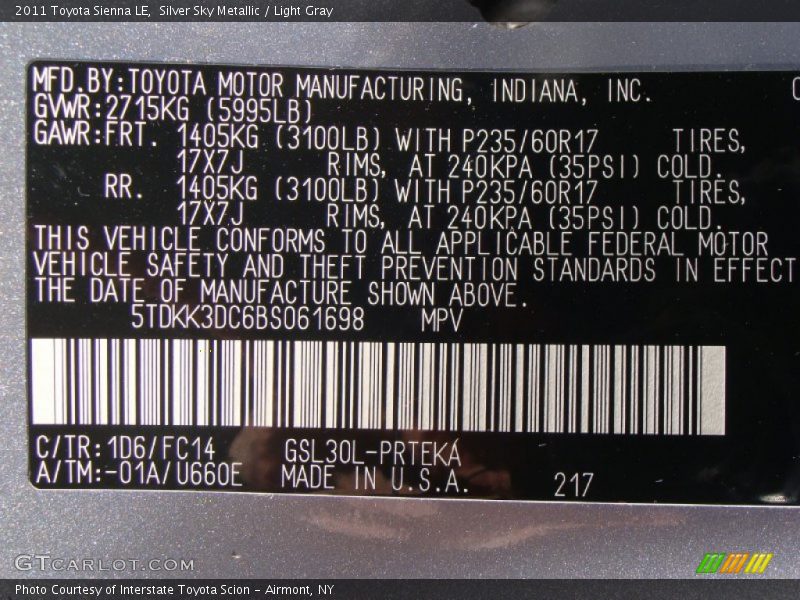 Silver Sky Metallic / Light Gray 2011 Toyota Sienna LE