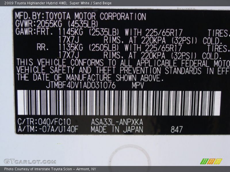 2009 Highlander Hybrid 4WD Super White Color Code 040