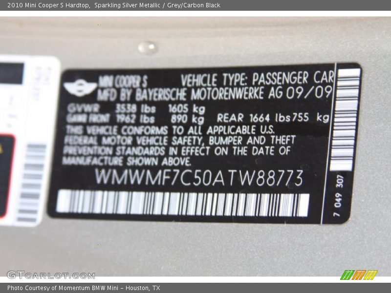 Sparkling Silver Metallic / Grey/Carbon Black 2010 Mini Cooper S Hardtop