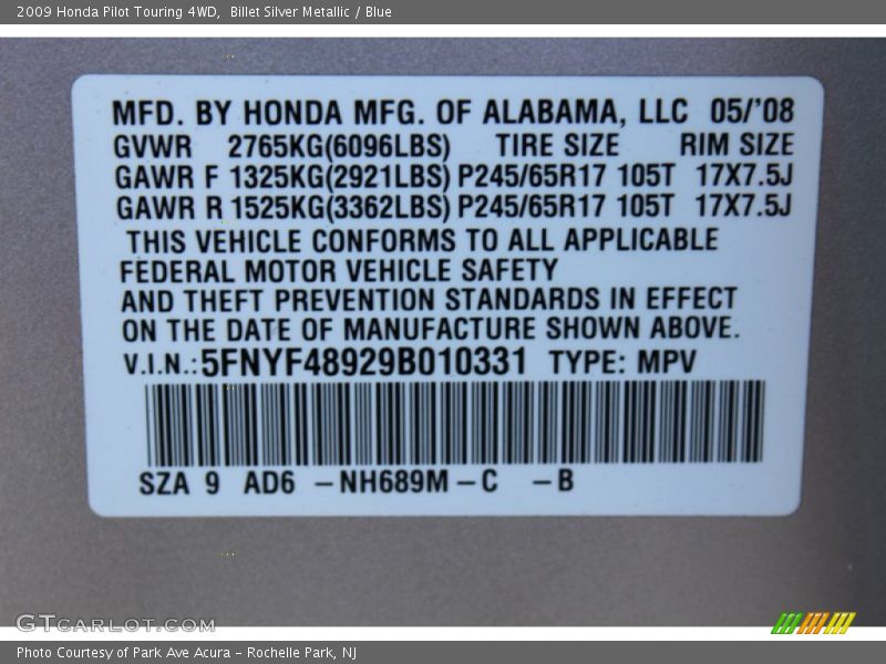 Billet Silver Metallic / Blue 2009 Honda Pilot Touring 4WD