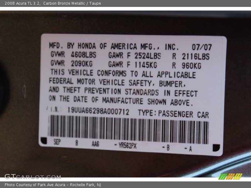 Carbon Bronze Metallic / Taupe 2008 Acura TL 3.2
