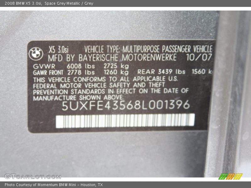 Space Grey Metallic / Grey 2008 BMW X5 3.0si