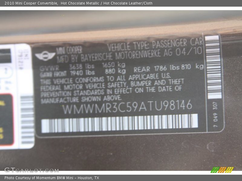 Hot Chocolate Metallic / Hot Chocolate Leather/Cloth 2010 Mini Cooper Convertible