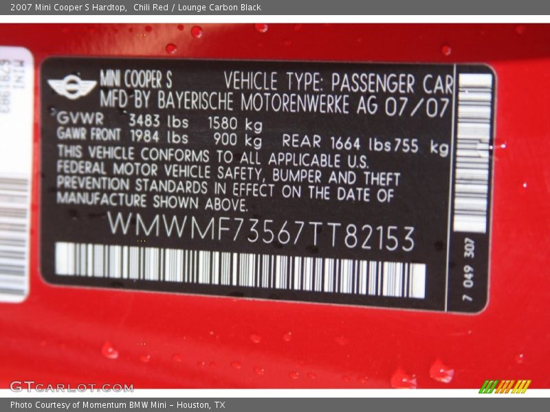Chili Red / Lounge Carbon Black 2007 Mini Cooper S Hardtop