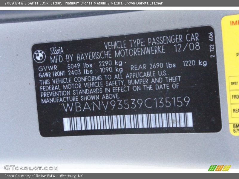 Platinum Bronze Metallic / Natural Brown Dakota Leather 2009 BMW 5 Series 535xi Sedan