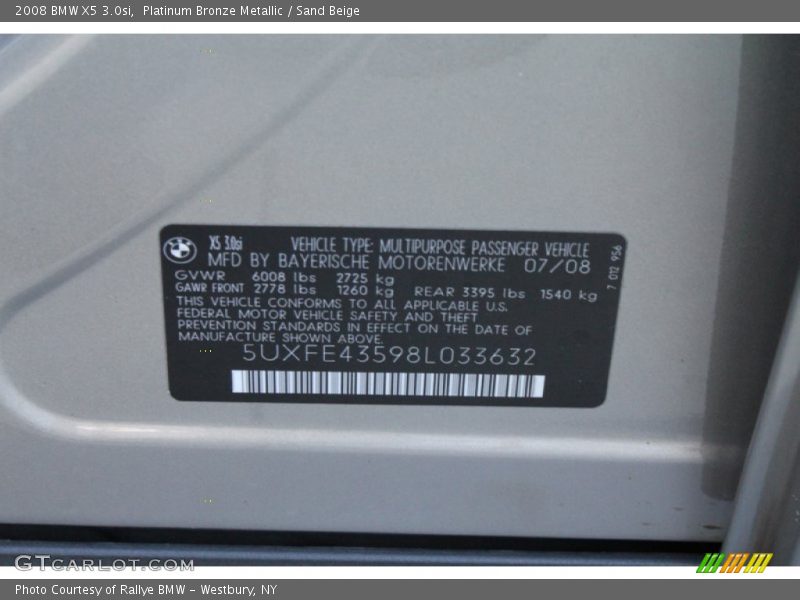 Platinum Bronze Metallic / Sand Beige 2008 BMW X5 3.0si