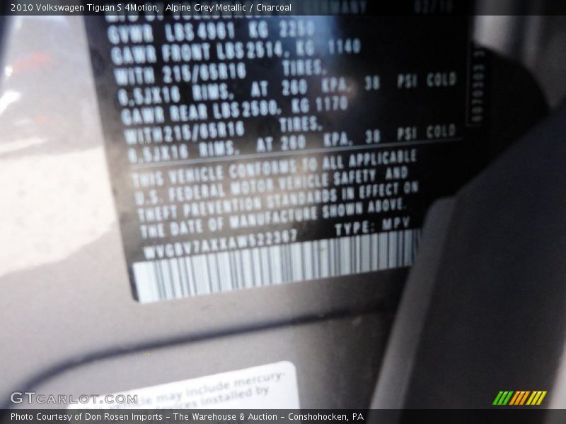Alpine Grey Metallic / Charcoal 2010 Volkswagen Tiguan S 4Motion