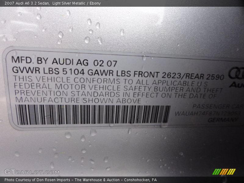 Light Silver Metallic / Ebony 2007 Audi A6 3.2 Sedan