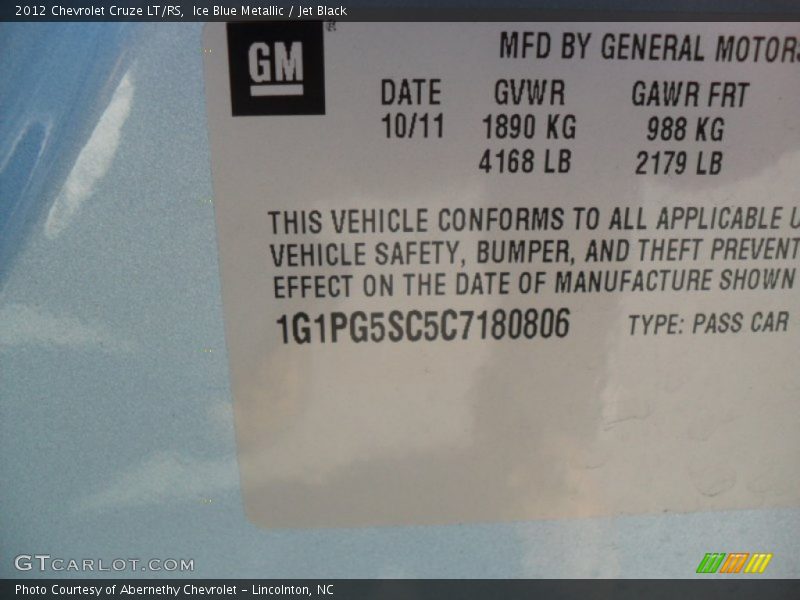 Ice Blue Metallic / Jet Black 2012 Chevrolet Cruze LT/RS
