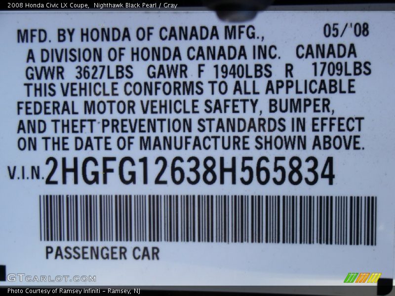Nighthawk Black Pearl / Gray 2008 Honda Civic LX Coupe