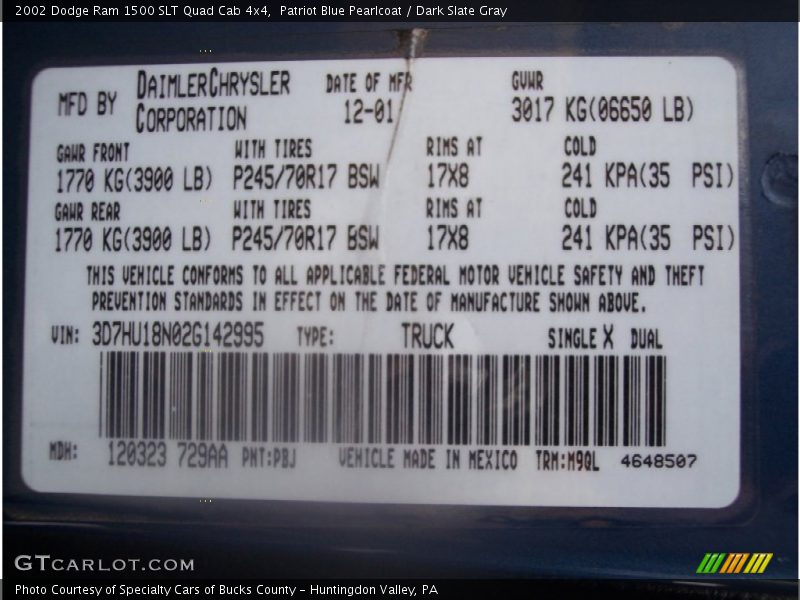 Patriot Blue Pearlcoat / Dark Slate Gray 2002 Dodge Ram 1500 SLT Quad Cab 4x4