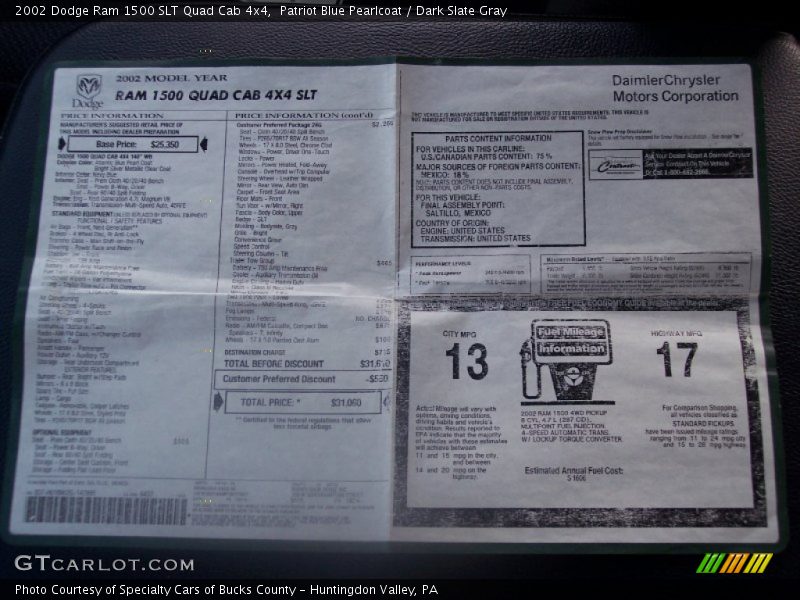 Patriot Blue Pearlcoat / Dark Slate Gray 2002 Dodge Ram 1500 SLT Quad Cab 4x4