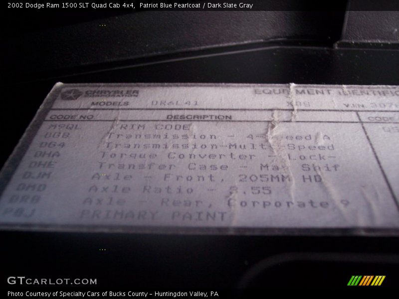 Patriot Blue Pearlcoat / Dark Slate Gray 2002 Dodge Ram 1500 SLT Quad Cab 4x4