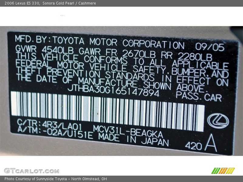 Sonora Gold Pearl / Cashmere 2006 Lexus ES 330