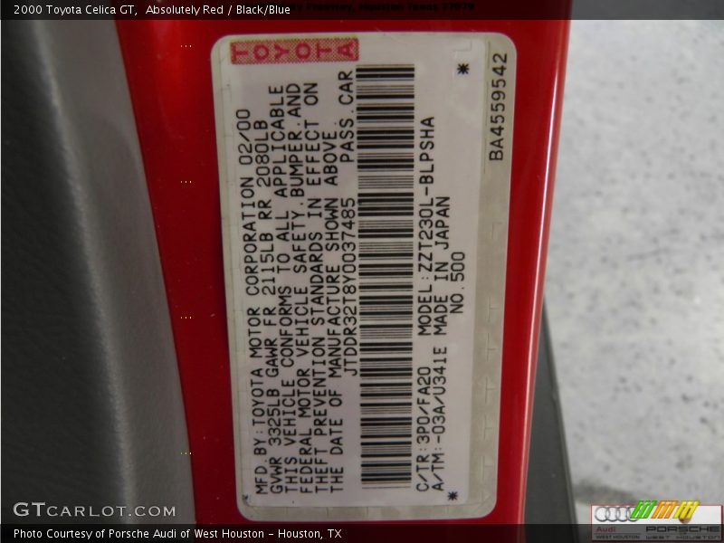 Absolutely Red / Black/Blue 2000 Toyota Celica GT