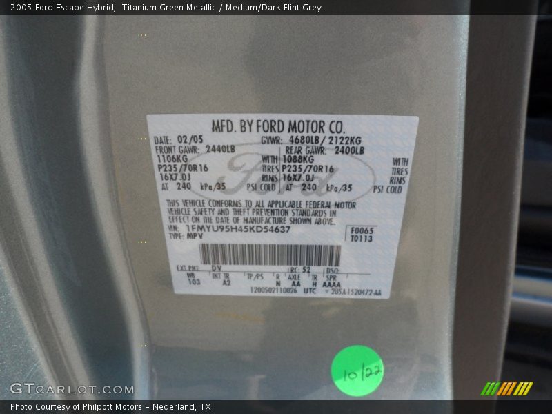 2005 Escape Hybrid Titanium Green Metallic Color Code DV