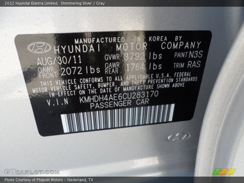 2012 Elantra Limited Shimmering Silver Color Code N3S
