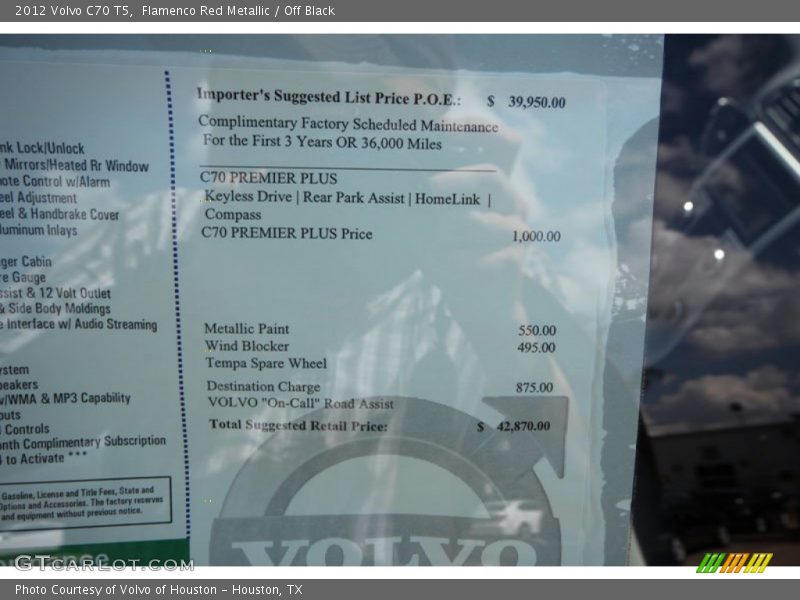  2012 C70 T5 Window Sticker