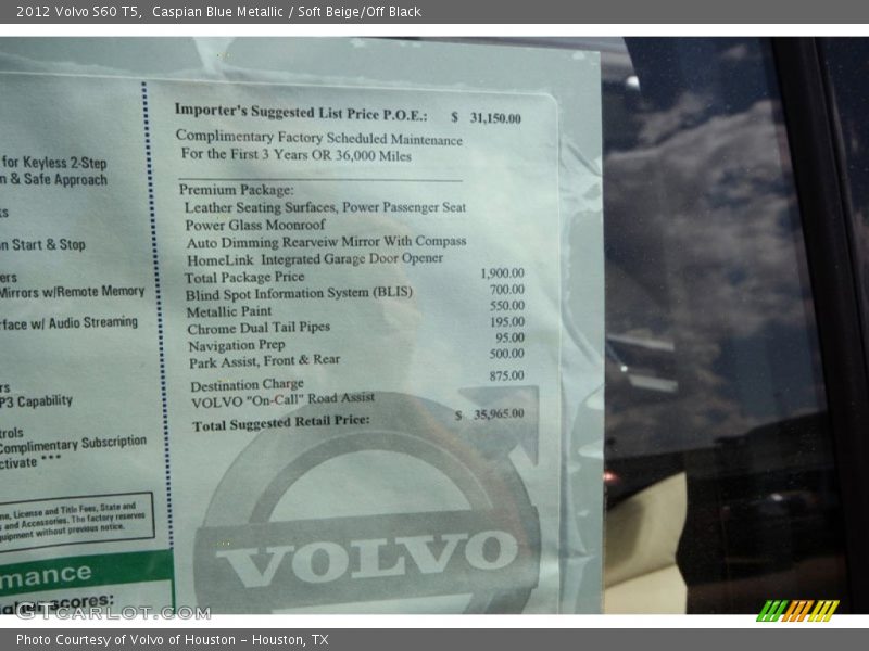 Caspian Blue Metallic / Soft Beige/Off Black 2012 Volvo S60 T5