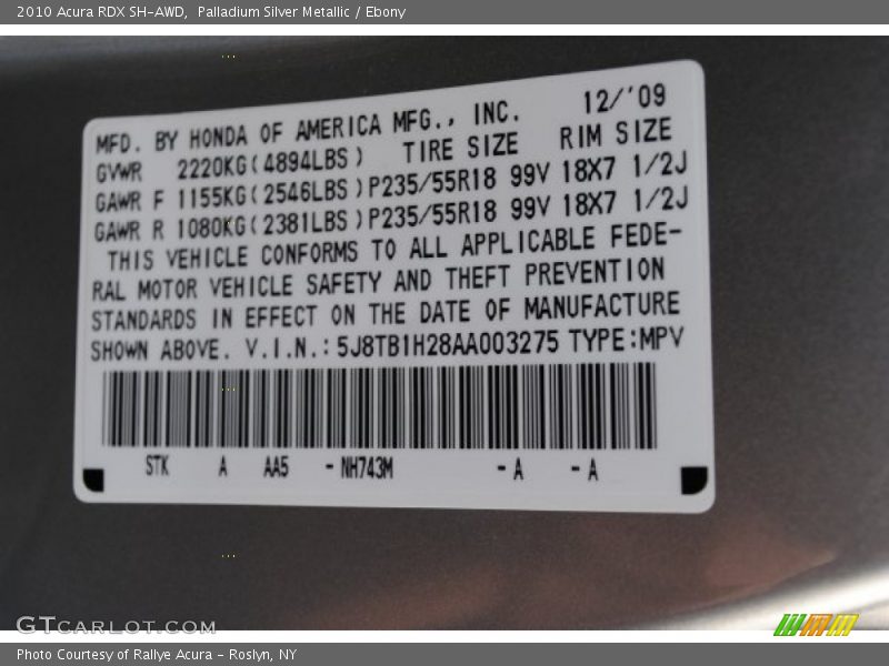 2010 RDX SH-AWD Palladium Silver Metallic Color Code NH743M