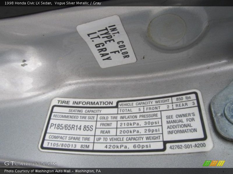 Info Tag of 1998 Civic LX Sedan