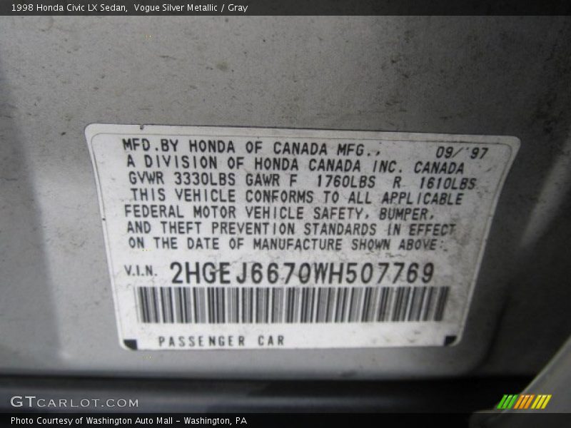 Info Tag of 1998 Civic LX Sedan