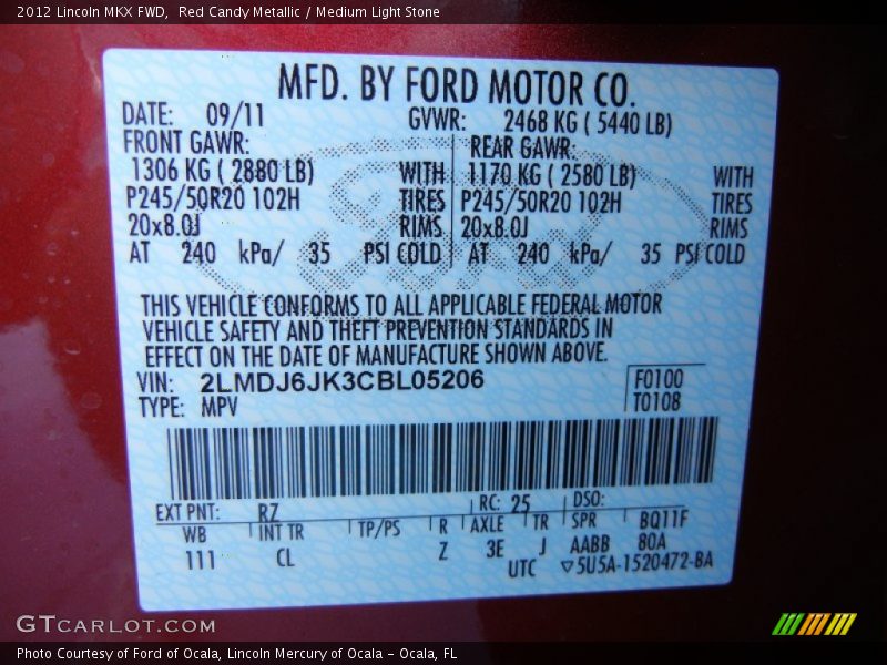 2012 MKX FWD Red Candy Metallic Color Code RZ